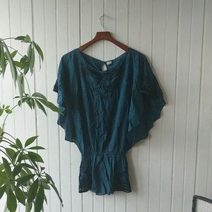 Free People teal sheer embroidered top tunic XS